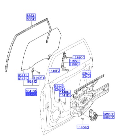 شیشه درب عقب راست توسان  Hyundai/KIA Genuine Parts – MOBIS   834202E035