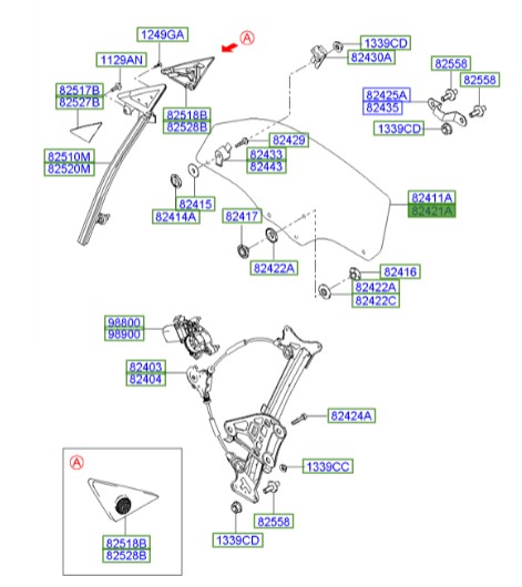 شیشه درب جلو راست هیوندای کوپه  Hyundai/KIA Genuine Parts – MOBIS    824212C000