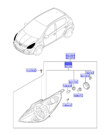 چراغ جلو راست هیوندای Hyundai/KIA Genuine Parts – MOBIS  I20  921201J010