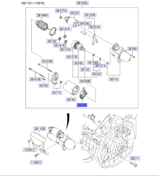 جا ذغالی استارت سورنتو | Hyundai/KIA Genuine Parts | اپیروس GH– کارنیوال  – سورنتو XM– آزرا TG – سانتافه CM – سوناتا NF  – وراکروز ix55 