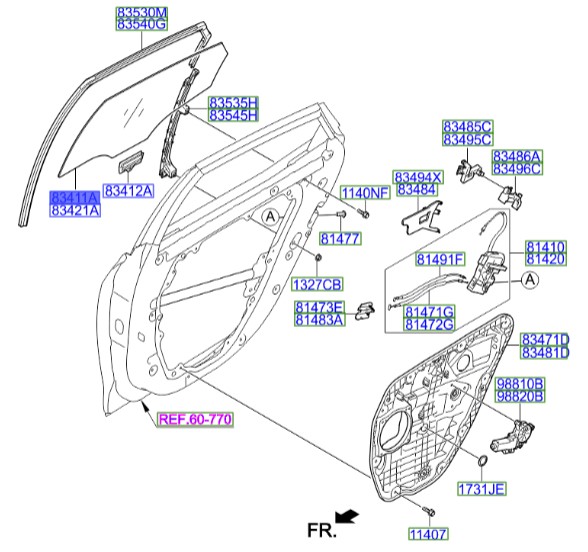 شیشه گرنجور درب عقب چپ آزرا  Hyundai/KIA Genuine Parts – MOBIS     834113V010