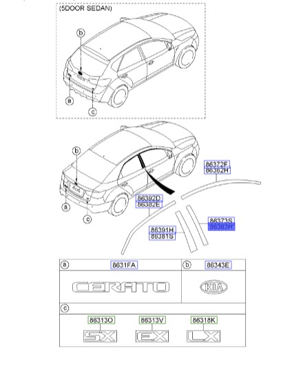زه قاب عقب درب جلو چپ سراتو 2010 | نوار قاب عقب درب جلو چپ | زه ستون عقب درب جلو چپ | Hyundai/KIA Genuine Parts – MOBIS | سراتو TD و سراتو کوپه TD | 863631M000