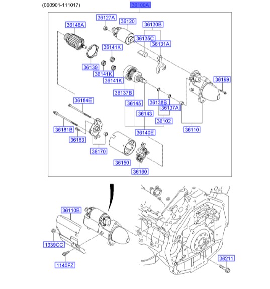 استارتر اپیروس | Hyundai/KIA Genuine Parts | اپیروس GH  – کارنیوال VQ  – سورنتو XM  – آزرا TG  – سانتافه CM  – سوناتا NF – وراکروز ix55 یا EN 