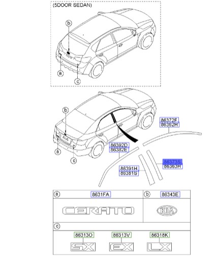 زه قاب عقب درب جلو راست سراتو | نوار قاب عقب درب جلو راست | زه ستون عقب درب جلو راست | Hyundai/KIA Genuine Parts – MOBIS | سراتو TD و سراتو کوپه TD | 863731M000