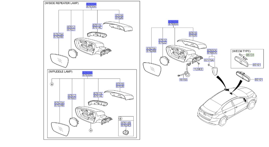 آینه کامل بغل چپ کیا سراتو | آینه جانبی چپ | آینه بیرونی سمت چپ | Hyundai/KIA Genuine Parts – MOBIS | 87610A7110
