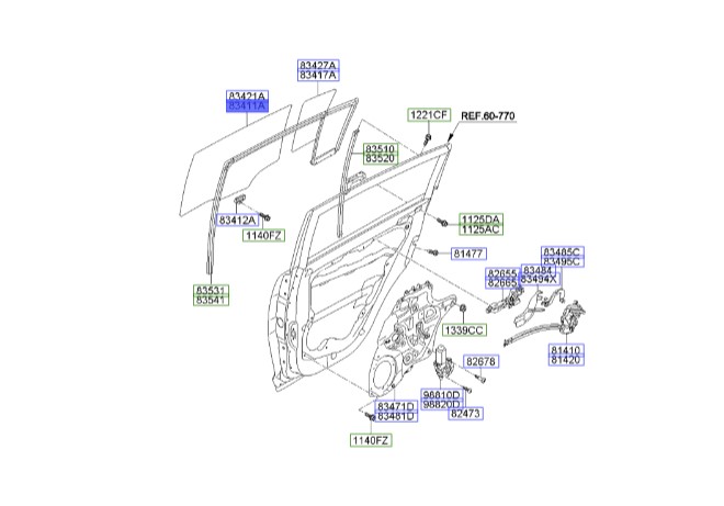 شیشه درب عقب چپ اسپورتیج 2010 | Hyundai/KIA Genuine Parts | اسپورتیج SL مدل 2010 تا 2016