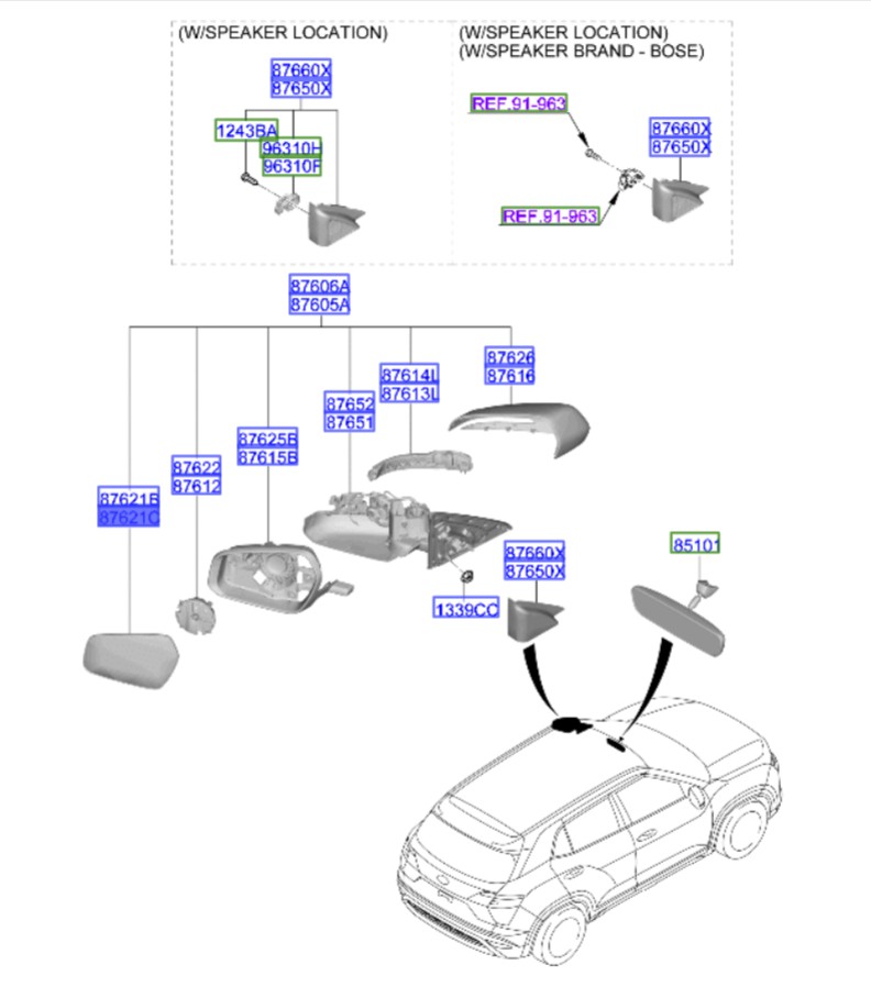 شیشه آینه بغل چپ هیوندای کرتا – Hyundai Creta – کد فنی 87611I7020