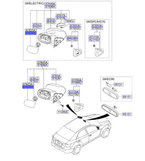 شیشه آینه بغل راست | Hyundai/KIA Genuine Parts – MOBIS | سراتو مدل 2010 تا 2014 - 876211M000