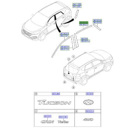 نوار مشکی فریم درب عقب چپ توسان | پوشش مشکی قسمت بالای فریم درب عقب | زه بالای درب عقب | Hyundai/KIA Genuine Parts – MOBIS | Hyundai Tucson TL | 86382D3000