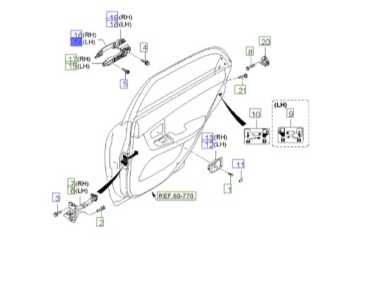 دستگیره درب عقب (بیرونی چپ) | Hyundai/KIA Genuine Parts – MOBIS | سراتو LD مدل 2007 تا 2009   836502F011
