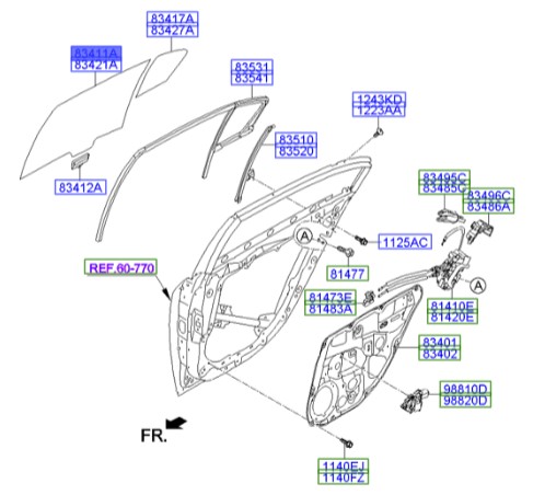 شیشه درب عقب چپ جنسیس Hyundai/KIA Genuine Parts – MOBIS   834113M000