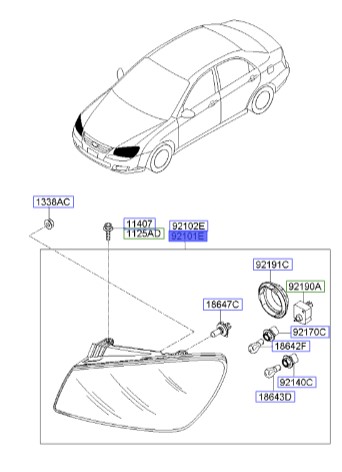 چراغ جلو چپ سراتو 2008 | Hyundai/KIA Genuine Parts | سراتو LD مدل ۲۰۰۷ تا ۲۰۰۹  921012F521