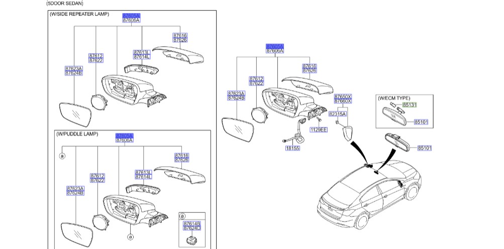آینه بغل چپ | Hyundai/KIA Genuine Parts – Mobis | سراتو YD مدل 2014 تا 2018  87610A7250