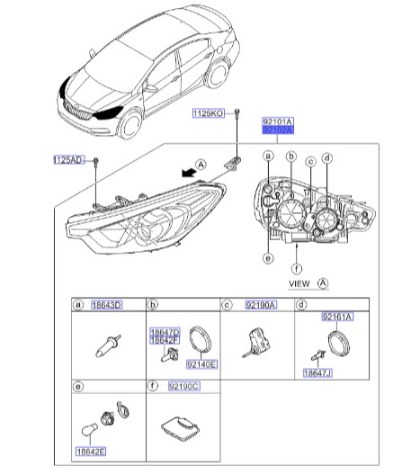 چراغ جلو راست سراتو 2014 | Hyundai/KIA Genuine Parts | سراتو YD مدل ۲۰۱۴ تا ۲۰۱۸  92102A7070
