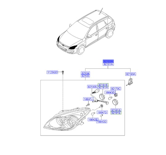 چراغ جلو کامل راست هیوندای  Hyundai/KIA Genuine Parts – MOBIS  I30  921022L120