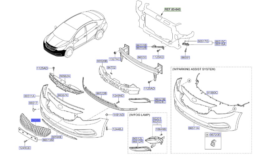 جلو پنجره کامل | مجموعه کامل جلو پنجره سراتو 2015 | شبکه جلو پنجره | Hyundai/KIA Genuine Parts – MOBIS | سراتو YD مدل 2014 تا 2018 | 86350A7510