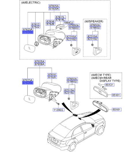 شیشه آینه راست سراتو مدل 2011 | Hyundai/KIA Genuine Parts – MOBIS | سراتو مدل 2010 تا 2014 876211M100