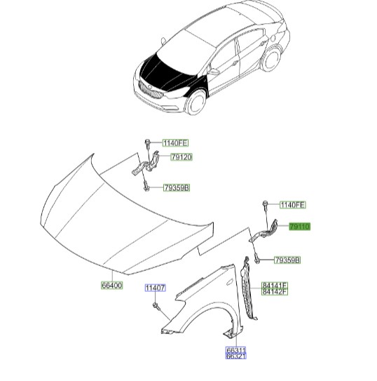 لولای در موتور چپ سراتو 2014 | لولای کاپوت / درب موتور چپ | Hyundai/KIA Genuine Parts – MOBIS | سراتو YD مدل 2014 تا 2018 | 79110A7000