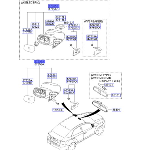 آینه بغل چپ سراتو کوپه 2012 | Hyundai/KIA Genuine Parts | سراتو کوپه TD مدل 2010 تا 2013 876101M475