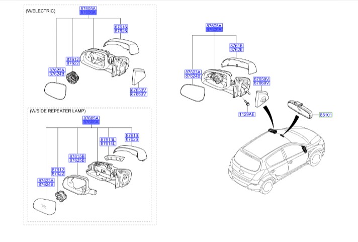 آینه راست هیوندای Hyundai/KIA Genuine Parts – MOBIS   I20  876201J410
