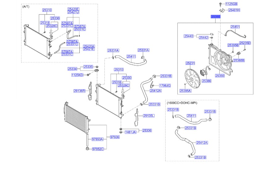 مجموعه فن رادیاتور | Hyundai/KIA Genuine Parts – Mobis |سراتو کوپه مدل 2010 تا 2013  253801m050