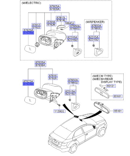 شیشه آینه بغل راست | Hyundai/KIA Genuine Parts  MOBIS | سراتو مدل 2010 تا 2014 -876211M510
