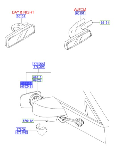 شیشه آینه چپ کوپه  Hyundai/KIA Genuine Parts – MOBIS     876112C170 