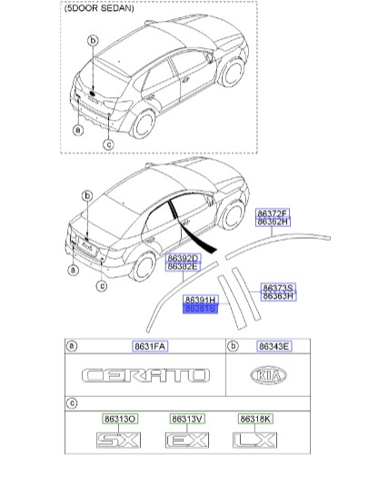 زه قاب جلوی درب عقب چپ سراتو | نوار قاب جلو درب عقب چپ | زه ستون جلوی درب عقب چپ | Hyundai/KIA Genuine Parts – MOBIS | سراتو TD و سراتو کوپه TD | 863811M000