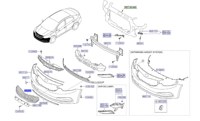 جلو پنجره کامل سراتو YD | مجموعه کامل جلو پنجره سراتو 2014 | شبکه جلو پنجره | Hyundai/KIA Genuine Parts – MOBIS | سراتو YD | 86350A7500