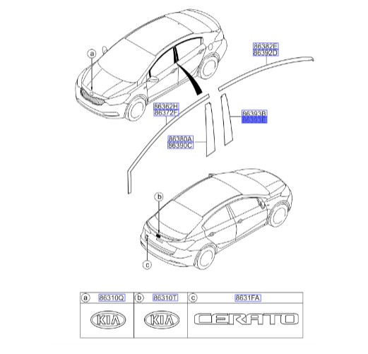 زه قاب عقب درب عقب چپ سراتو 2014 | نوار قاب عقب درب عقب چپ | زه ستون عقب درب عقب چپ | Hyundai/KIA Genuine Parts – MOBIS | سراتو YD | 86381A7000