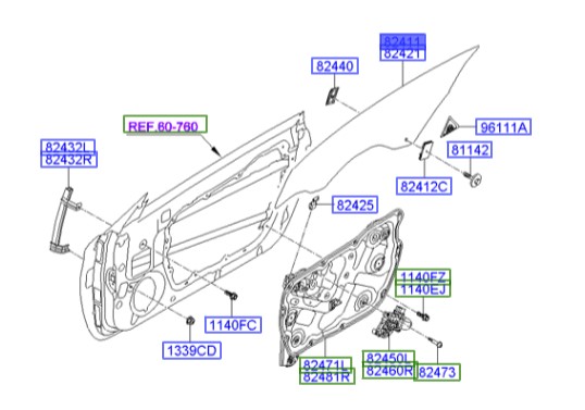 شیشه درب جلو چپ جنسیس_کوپه  Hyundai/KIA Genuine Parts – MOBIS  824112M010 