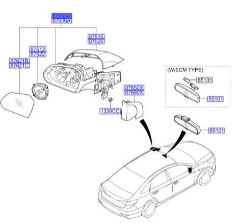 آینه چپ هیوندای سوناتا  Hyundai/KIA Genuine Parts – MOBIS   87610C1380