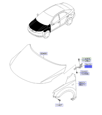 لولای در موتور چپ سراتو 2010 | لولای درب / کاپوت موتور چپ | Hyundai/KIA Genuine Parts – MOBIS | سراتو TD مدل 2010 سایپایی و وارداتی | سراتو کوپه TD مدل 2010 تا 2013 | 791101M000