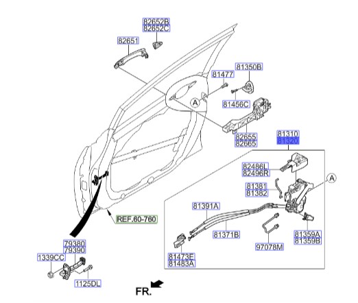 قفل در جلو راست سراتو 2015 | مکانیزم قفل درب جلو راست | پمپ قفل درب جلو راست | Hyundai/KIA Genuine Parts – MOBIS | سراتو YD مدل 2014 تا 2018 | 81320A7270