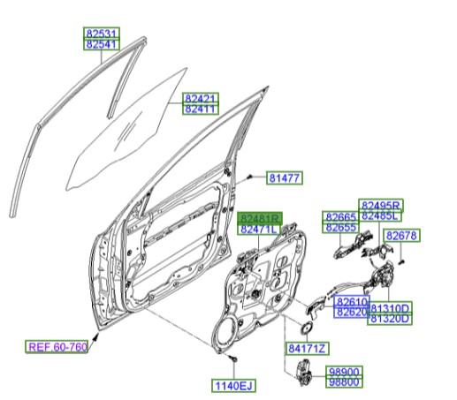 ریل شیشه بالابر جلو راست سانتافه   Hyundai/KIA Genuine Parts – MOBIS   824812B000 