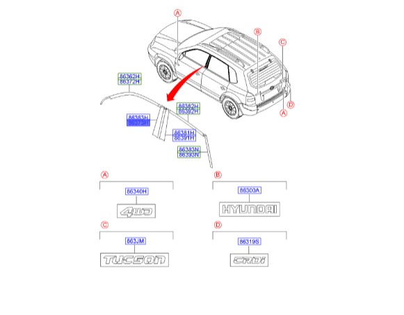 زه کمانی در جلو توسان هیوندای | نوار مشکی قاب درب جلو راست | Hyundai Genuine Parts | 863732E001