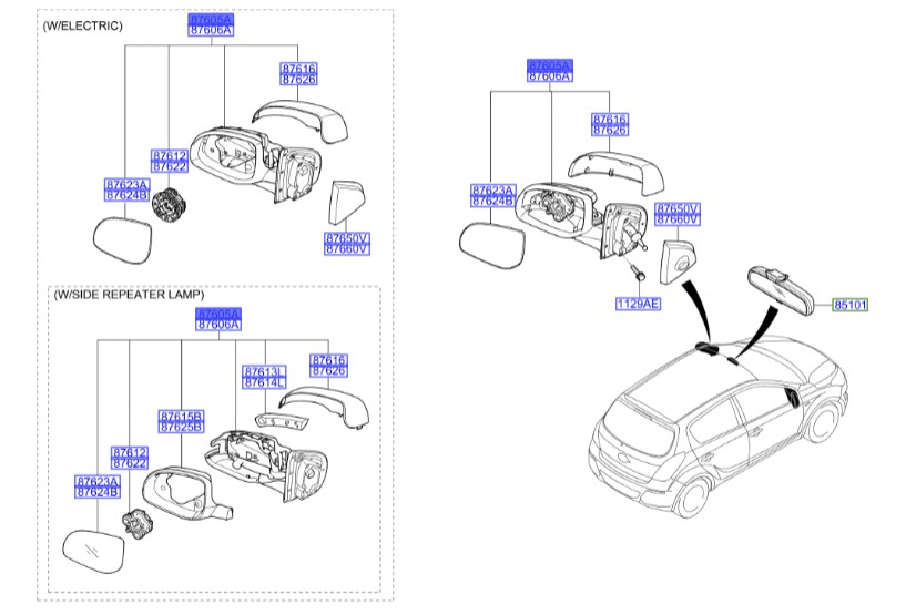 آینه چپ هیوندای Hyundai/KIA Genuine Parts – MOBIS    I20  876101J410