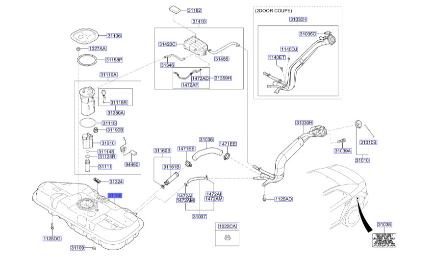 باک بنزین سراتو ۲۰۱۰ | Hyundai/KIA Genuine Parts | سراتو TD مدل ۲۰۱۰ سایپایی و وارداتی  311501M000