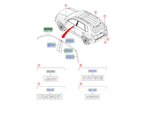 زه کمانی در جلو بالا چپ توسان | نوار مشکی قاب درب جلو | Hyundai Genuine Parts | 863622E000
