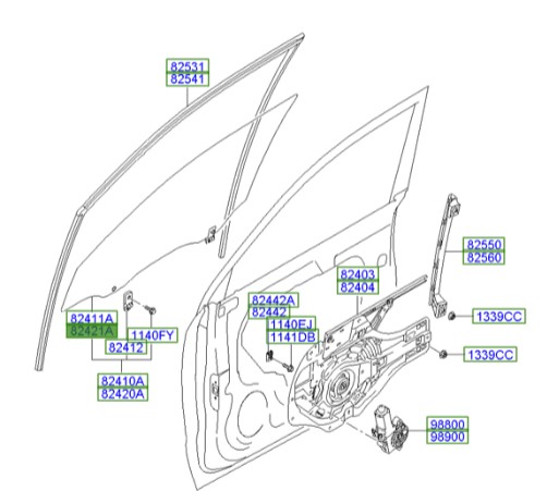 شیشه درب جلو راست هیوندای توسان  Hyundai/KIA Genuine Parts – MOBIS    824212E000