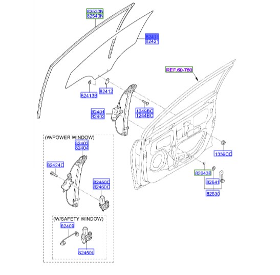 شیشه درب جلو چپ اکسنت  Hyundai/KIA Genuine Parts – MOBIS  824111R020