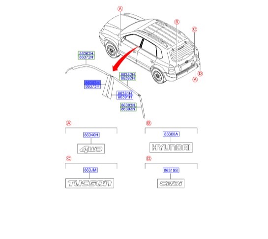 زه کمانی در جلو توسان هیوندای | زه کمانی قاب درب جلو چپ | Hyundai Genuine Parts | 863632E001