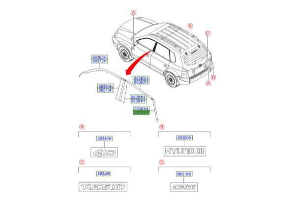 زه کمانی درب توسان | زه درب عقب راست توسان | زه بالای شیشه توسان | Hyundai/KIA Genuine Parts – MOBIS | 863932E000
