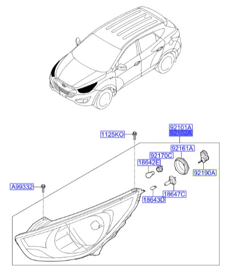 چراغ جلو کامل راست هیوندای Hyundai/KIA Genuine Parts – MOBIS  IX35  921022S010