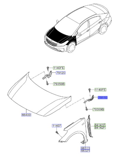 لولای در موتور چپ سراتو 2015 | لولای کاپوت/ درب موتور چپ | Hyundai/KIA Genuine Parts – MOBIS | سراتو YD مدل 2014 تا 2018 | 79110A7600